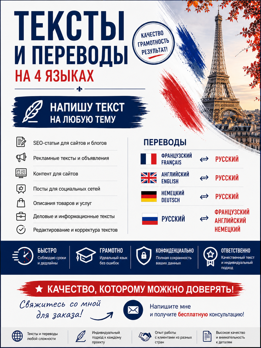 Перевод текста с французского на русский ,английский и немецкий.